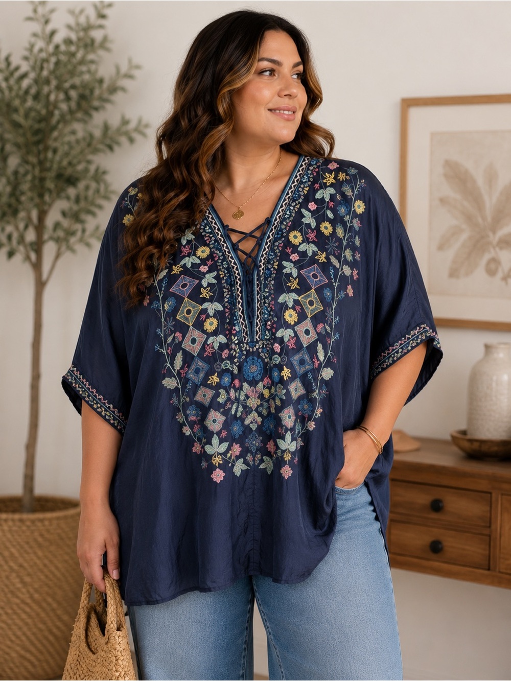 Johnny Was Biya Hendaya Embroidered Tunic Sz 2X dopamine quiet Luxury old money